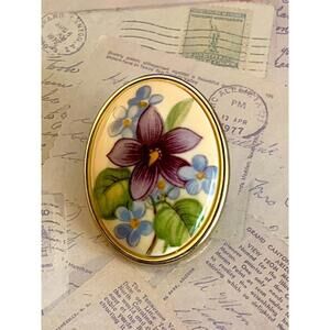 Vintage Western Germany Floral Porcelain Oval Brooch Purple & Blue Botanical Pin